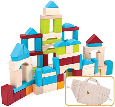 ELC 100 Pieces Wood Blocks Set with Carrying Bag and Box