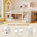 Merax Wooden Bunk Beds for Kids, 3FT Loft Bed with Storage Ladder and Guard Rail, Single Bed with Slatted Frame, Space-Saving Kids Bed Treehouse Canopy Design, White, 90x190 cm (No Mattress) - Image 3