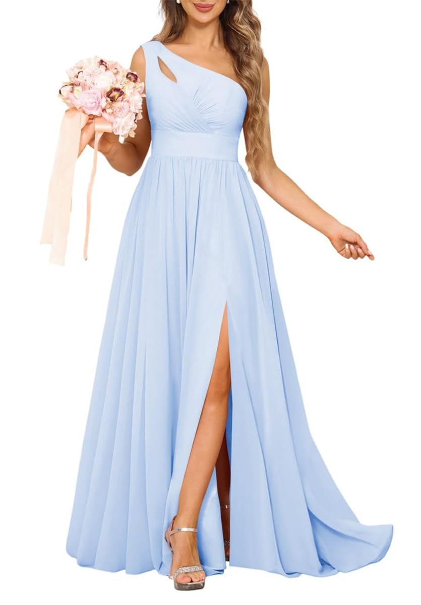Yiann Women's Lavender Chiffon A Line Bridesmaid Dresses Long One Shoulder Pleated Formal Evening Gown With Slit Maid Of Honor Uk22