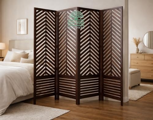Image of Wooden Room Divider 6 Feet, 4-Panel Folding Wooden Partition for Living Room, Office, Pooja Room, Restaurant, Kitchen & Balcony (2W x 1.82H Meters). (Brown-Conical Pattern)