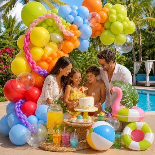 Image of Neon Balloons Arch Garland Kit, 138PCS Rainbow Pool Party Balloon with Red Orange Green Blue Latex Balloons for Kids Luau Hawaii Summer Beach Baby Shower Graduation Birthday Party Decorations Supplies