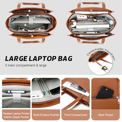 Image of MYHOZEE Work Tote Bag for Women PU Leather 15.6 Inch Laptop Bag | 3 Compartment, Large Capacity, Fits A4 folders, Purse Handbag for Office Work College Bussiness Travel Daily Used