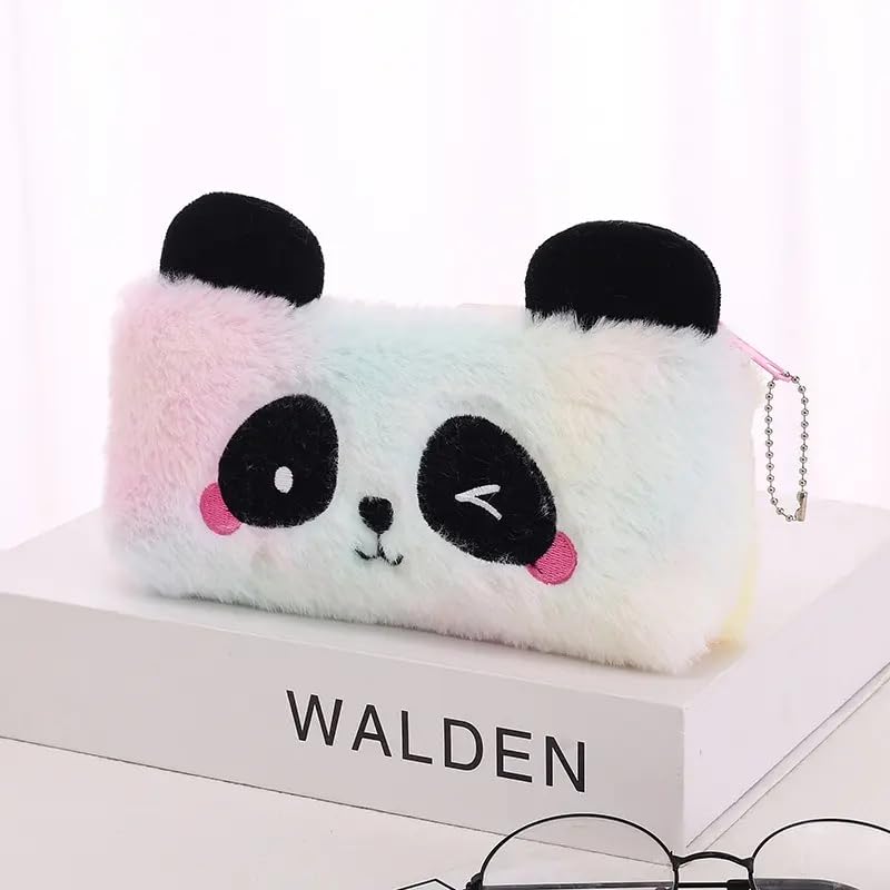 Image of Rainbow Fur Pencil Pouch for Girls With Zipper - Cute Cosmetic and Coin Case for School Kids /Office (Size 10x20 CM) (Multi)