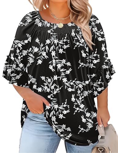 Image of Micoson Womens Plus Size Tops 3 /4 Ruffle Sleeve Crewneck Pleated Shirts