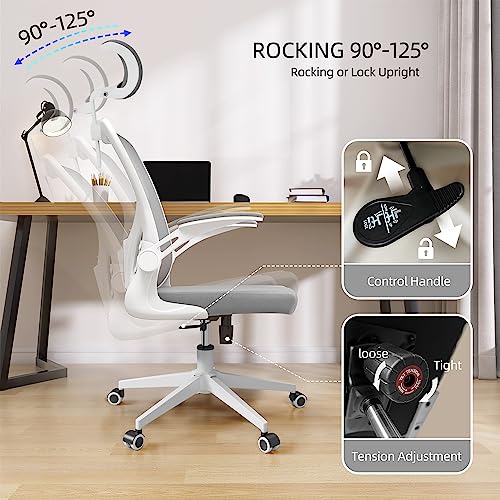 Image of Monhey Office Chairs, Ergonomic Office Chair, Computer Chair with Adjustable Headrest, Lumbar Support, 2D Armrest, Metal Base and Iron Legs, White Frame Grey Mesh Office Chair