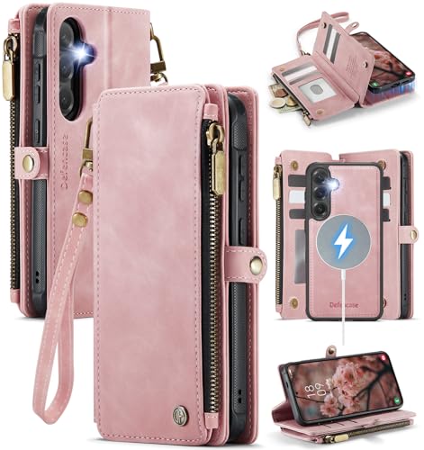 Defencase for Galaxy S25 FE Magnetic Wallet Case Compatible with Magsafe RFID Blocking Zipper Card Holder for Women Men PU Leather Strap Detachable Case for Samsung Galaxy S25 FE 6.7", Rose Pink