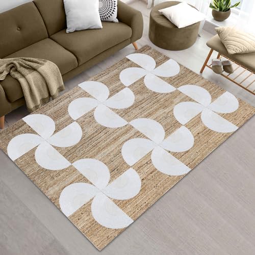Tapis en jute tressé main beige blanc 1,8m carré intérieur extérieur