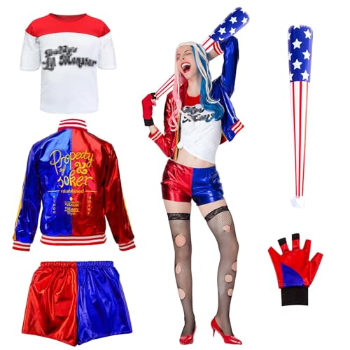 Heartsking Disfarce Quinn mulher, fatos de Halloween mulher disfarce Joker adulto disfarce para meninas cosplay com t-shirt, casaco, calças, luvas, roupão para disfarce Arlequin mulher carnaval Natal