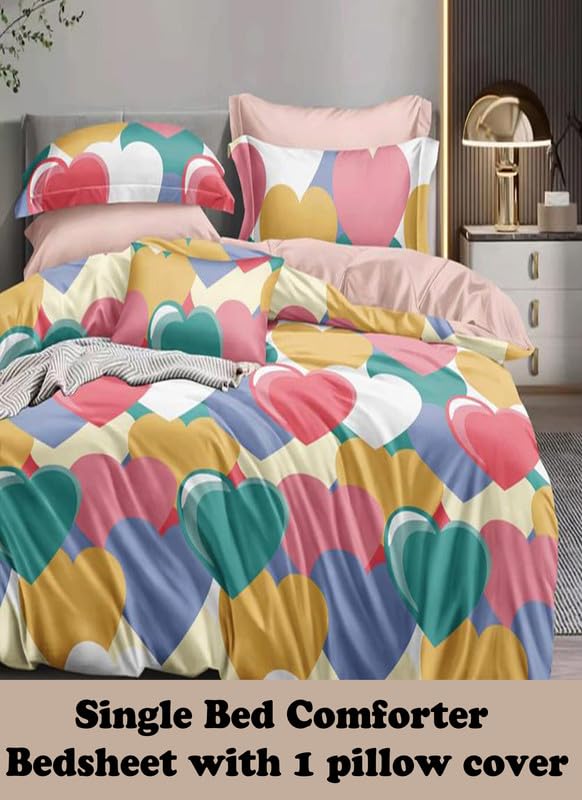 Image of Polycotton Printed 120 TC Comforter & Bedsheet Single Bed Bedding Set, Queen Size (60x90 inch), Green & Multi, 3 Pieces