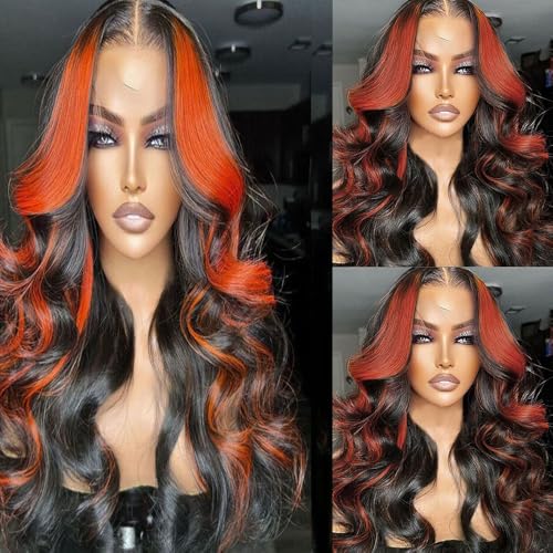 QD-Tizer Orange Highlights Lace Front Wigs 13x4 Glueless Body Wave Long Wavy Hair Wigs Orange and Black Color Synthetic Lace Front Wigs for Women Skunk Stripe Wigs 26Inch