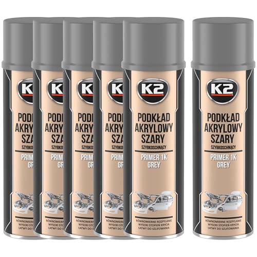 K2 1K Imprimación Acrílica Rápido Secado – Protección Anticorrosiva y Alta Adhesión – Para Metal, Vidrio, Madera, Plástico y Piedra – Fácil de Lijar – Primer Barva šedá Gris 500ml (6)