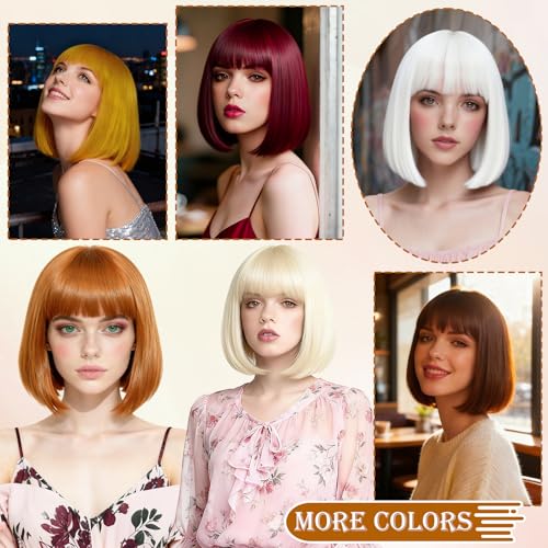 Image of PLULON Orange Brown Short Bob Wig with Bangs for Women, Colorful Neon Short Bob Synthetic Hair Wigs with Hair Cap Heart Sunglasses for Men Daily Bachelorette Halloween Costume Party Supplies