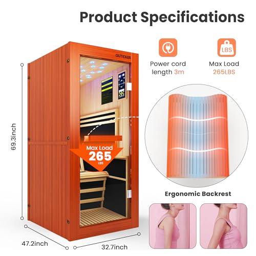 Image of OUTEXER Infrared Sauna 1495W Wooden Saunas Spa Room Pacific Clear Cedar Wood Single Person Indoor Saunas with Special Shaped Comfortable Backrest 32.68 * 47.24 * 69.29 Inch