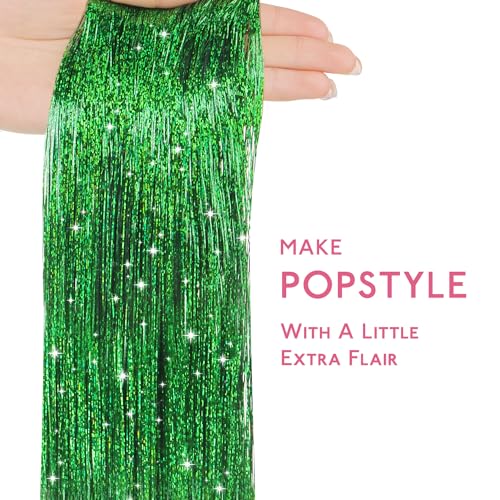 Image of WENNALIFE Hair Tinsel for Girls, Green Fairy Kit 1200 Strands 6PCS 48 Inch Heat Resistant Glitter Tinsel Hair Extensions Kit Christmas Angel for Sparkle Strands