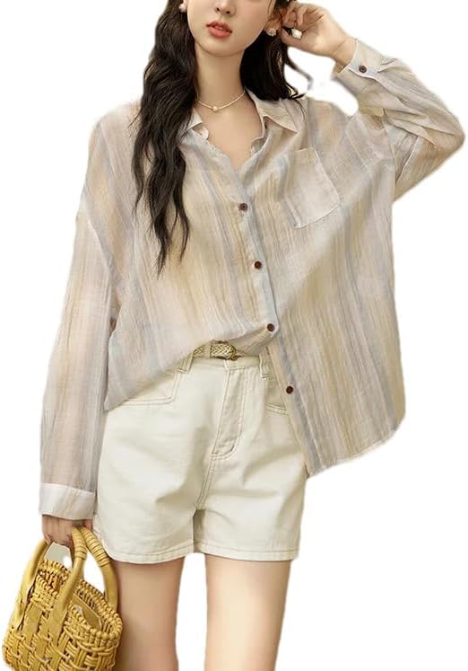 Women's Casual Color Matching Striped Shirt Sexy Classy Button Down Long Sleeve Pocket Blouse