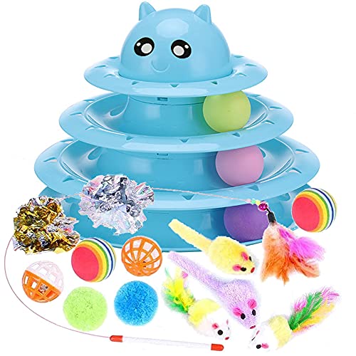 Speedy Panther 14 Pack Interactive Cat Toys for Indoor Cats – Kitten Toy Fun Roller Exerciser, 3 Level Teaser Ball, and Feather Wand