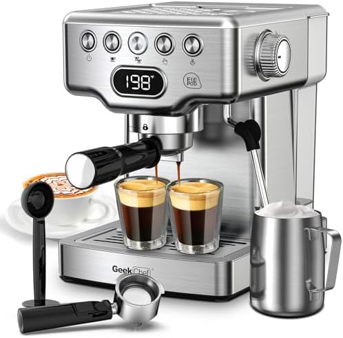Geek Chef Espresso Machine, 20 Bar Coffee Machine with ESE PODS Filters, Fast Heating Automatic, Latte & Cappuccino Maker with Milk Frother Steam Wand, Temperature Display, Stainless Steel