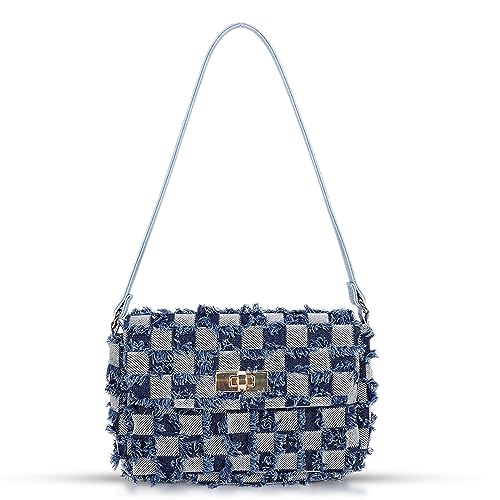 QTKJ Denim Fabric Soft Handbag, Underarm Bag with Tassels, Checkerboard Shoulder Bag for Women - Vacation, Travel & Daily Use (Dark)