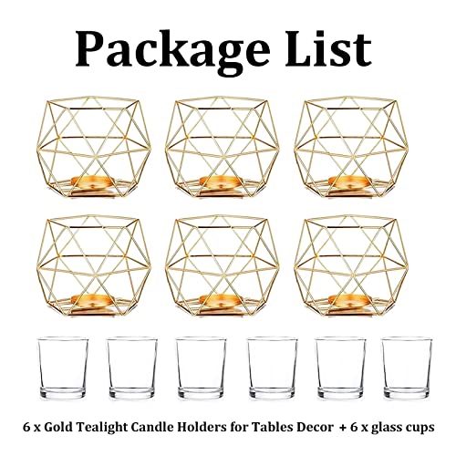 Tealight Holder Gold Geometric Esmiome - 6Pcs Geometric Candle Holder Metal Wire Iron Votive Candle Stand Holders Bulk With Glass Cup For Centerpieces Wedding Christmas Hometable Decorations Reception #TOP4