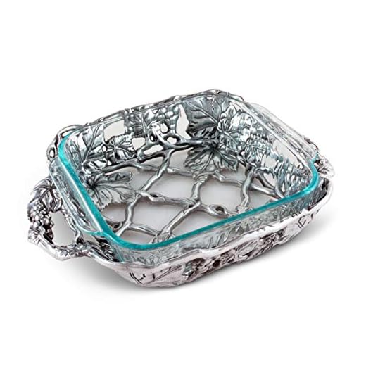 Arthur Court Metal Pyrex Glass Casserole Dish Holder in Grape Pattern Sand Casted in Aluminum with Artisan Quality Hand Polished Design Tanish-Free 13.5 inch 2 quart capacity