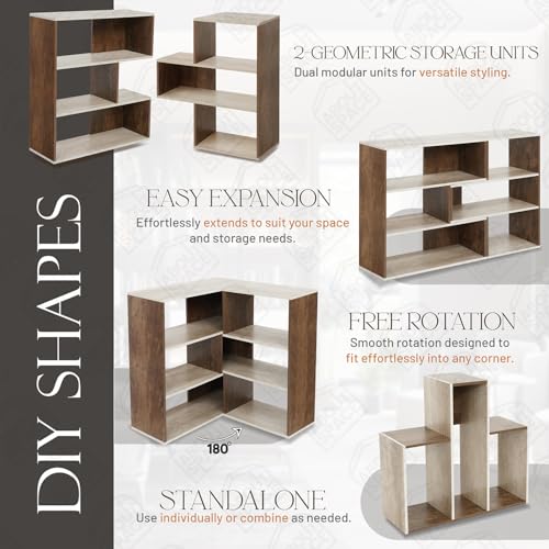 Image of ABOUT SPACE Book Shelf for Home Library-Rectangle /L-Shaped Rack for Storage 2 Ways 6 Compartment Book Stand Shelf for Bedroom, Livingroom Decor, Plants and Books (Oak White&Walnut-L128 x B30 x H85 cm)