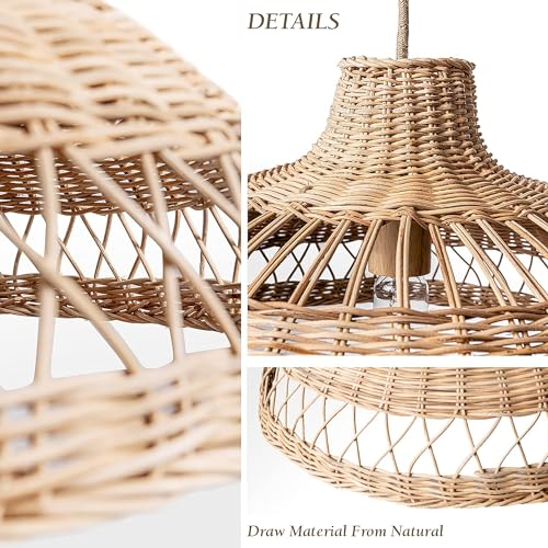 DANGGEOI Large Rattan Pendant Light Fixture, Coastal Boho Woven Wicker Chandelier with Wood Canopy for Kitchen Island Farmhouse Living Room Dining Room (23.6'') - Image 7
