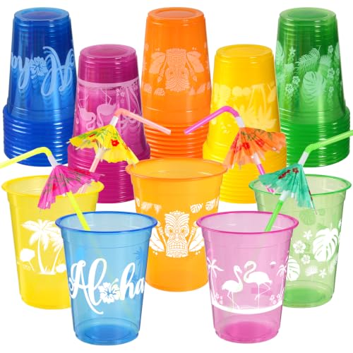 CUPLOOV 50 Hawaiian Luau Party Decorations Cups with Parasol Straws -16OZ Disposable Party Cups Summer Cup for Tropical Luau Moana Birthday Party Decor Supplies