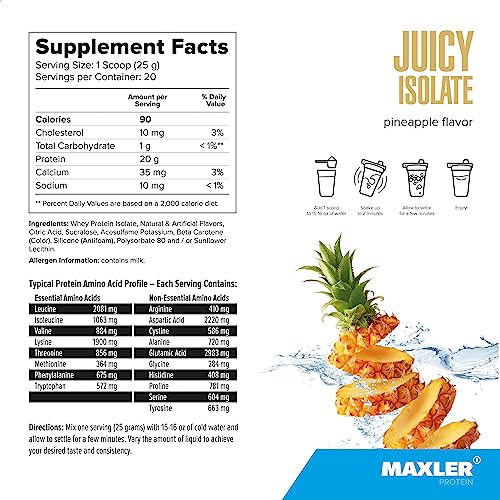 Maxler Juicy Isolate Protein Powder - Clear Whey Isolate - Fat Free, Lactose Free & Sugar Free Muscle Recovery Drink For Pre & Post Workout - 90% Of Protein Per Serving - Pineapple 1.1Lb (20 Servings) #TOP4