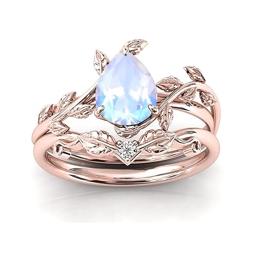Moonstone Engagement Ring 1ct Pear Shaped Moonstone and Moissanite Wedding Ring Sets for Women Art Deco Vine Leaf Moonstone Ring Bridal Sets Moonstone Engagement Ring Set Anniversary Promise Ring