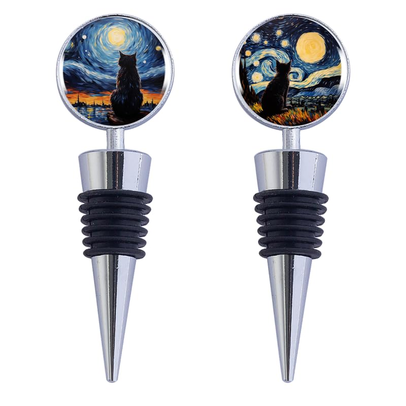 Poseidon Protect Stainless Steel & Silicone Wine Bottle Stopper Pair - Elegant Beverage Seal for Preservation, Ideal for Bar, Gifts, and Celebratory Occasions, Starry Cat