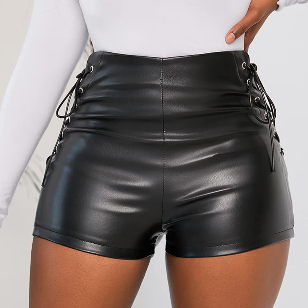 Women's Sexy High Waisted Side Straps Solid Black Leather Shorts Lace Up Side Crisscross Skinny Shorts Gothic Punk Dance PU Leather Shorts Sexy Hot Pants Faux Leather Shorts Casual Slim Short XL