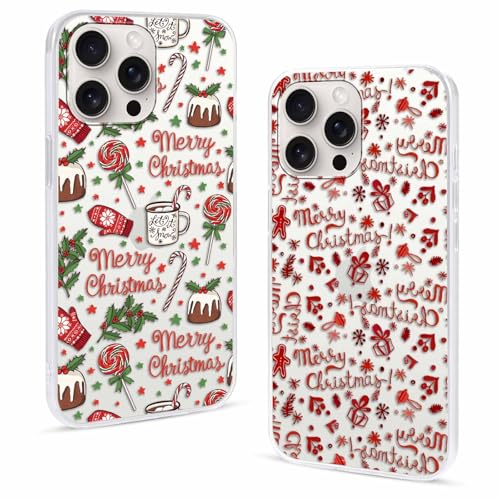 2 Pezzi Natale Cover per iPhone 15 PRO MAX 6.7Albero con Cervo Babbo Regali Fiocco di neve Natalizie Carino Pupazzo di neve di Christmas Regalo Antiurto Protezione Case donna