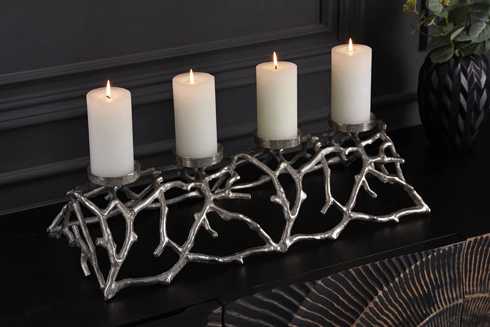 Eleganter Kerzenhalter Abstract 60cm Silber für 4 Kerzen Kerzenständer Adventskranz aus Aluminium Tischkranz für Stumpenkerzen
