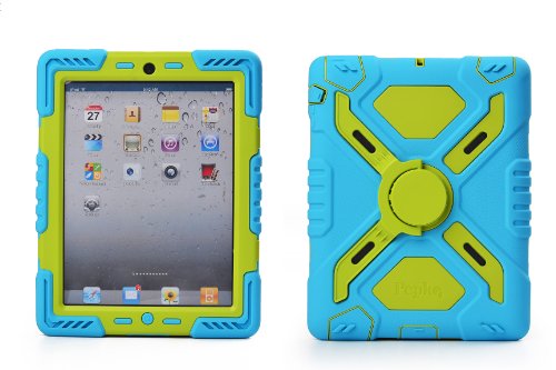 Pepkoo Ipad 2/3/4 Case Plastic Kid Proof Extreme Duty Dual Protective Back Cover with Kickstand and Sticker for Ipad 4/3/2 - Rainproof Sandproof Dust-Proof Shockproof (Blue/Green)