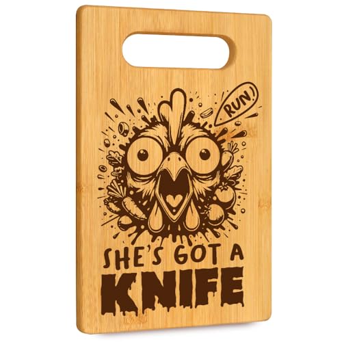 Funny Chicken Run Bamboo Cutting Board for Women, She’s Got a Knife Kitchen Gifts for Mom Wife Sisters Friends, Birthday Housewarming Gifts