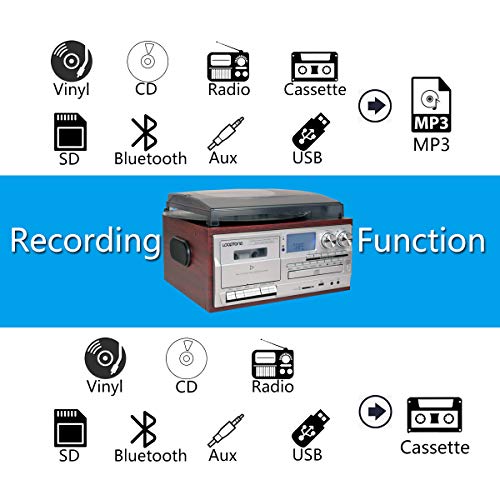 LoopTone Vinyl Record Player 9 in 1 3 Speed Bluetooth Vintage Turntable CD Cassette Player AM/FM Radio USB Recorder Aux-in RCA Line-Out (Silver) by LoopTone - Used condition - Image 9