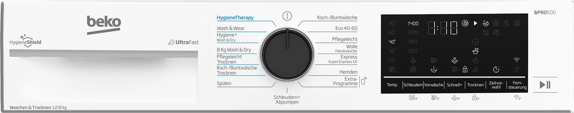 Beko B3DFT512447W freistehender Waschtrockner 12 kg Waschen 8 kg Trocknen 1400 U/min SteamCure AddXtra Hygiene Therapy ProSmart Inverter Motor Weiß