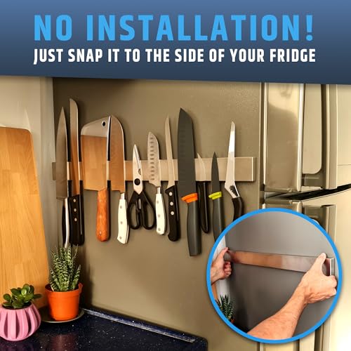 Image of 22 inch Premium Magnetic Knife Holder for Refrigerator (Double-Sided Heavy-Duty Magnets) - Upgraded Strip for Strong Fridge Mount - Clear Up Counter Space - 304 Anti-Rust Stainless Steel (Upgraded Design)