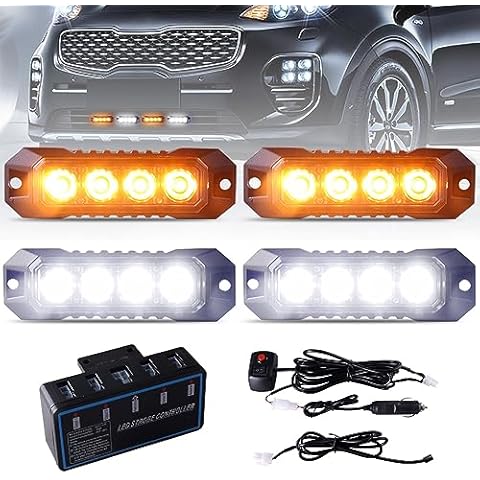 Raryloy Led Emergency Strobe Lights For Trucks Construction Vehicles Surface Mount Grill Grille Lamp Flashing Warning Lights 4 LED Amber&White Cover