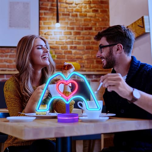 Image of ENUOLI Heart Hands Neon Sign Pink Heart & Blue Hand Neon Light Room Decor | LED Home Art Decor for Lover Valentine's Gift Girls Room Bedroom Wedding Room Bar Party Birthday Christmas Best Gift