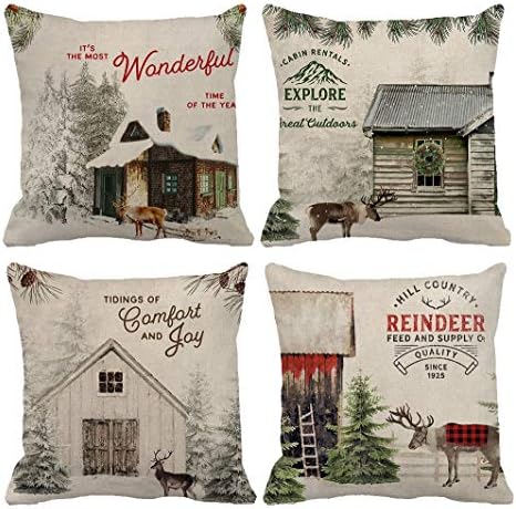 LucaSng Green Cushion cover Retro Pillowcase forest deer and farmhouse pillows/Christmas cushion cover home decorative pillow cover Wooden house pattern cushions deer 45x45cm set of 4