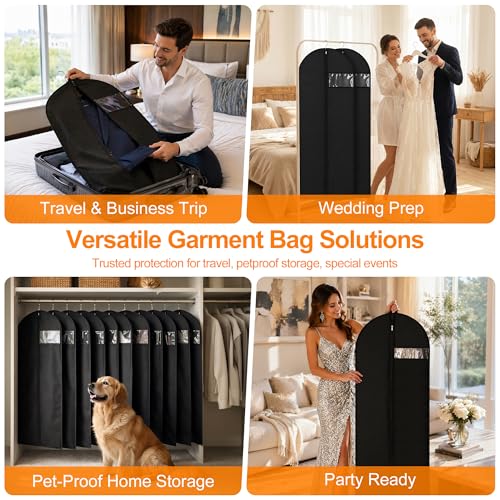 Garment Bags for Travel & Hanging Clothes, 55\" Suit Bag for Closet Storage, Lightweight Dress Bags for Gowns Long, Dustproof Garment Covers with Clear Window & Reinforced Zipper, Black (1 Pack) - Thumbnail 3