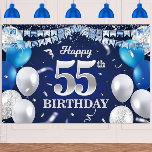 Happy 55th Birthday Banner Backdrop Navy Blue Balloons Confetti Stripe Flag Light Spots Cheers to 55 Years Old Theme Decorations Decor for Women Men 55th Birthday Party Bday Supplies Glitter Silver by DZTRELFK - Used condition - US$7.29