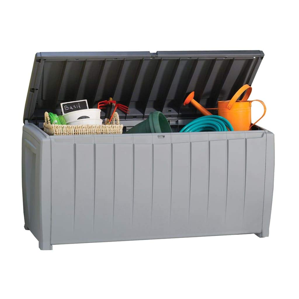 Keter Novel Kissenbox 340L - Wetterfeste Aufbewahrungsbox mit Sitzbank - Gartenbox für Auflagen und Kissen - 124x55x62,5cm Grau/Schwarz