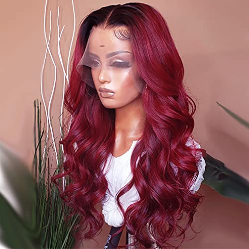 Giannay Ombre Red Wave Lace Front Wigs Synthetic Loose Curly Wigs for Black Women Gluless Lace Wigs (T118 Wavy Lace Wig 26")