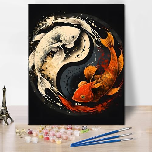TUMOVO Paint by Numbers Kit for Adults Yin Yang Symbol with Koi Fish | Yin Yang art on 16x20 inch unframed canvas with acrylic paints and 3 brushes, relaxing DIY craft and wall decor.