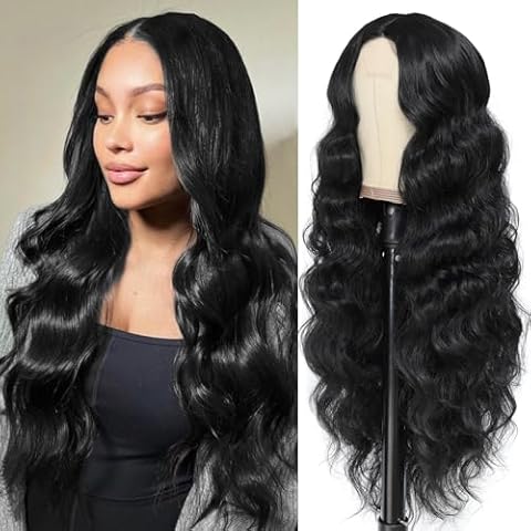 Royota Long Black Wavy Wig For Women Body Wave Wavy Lace Wig Middle Part Natural Looking Synthetic Heat Resistant Fiber Wig for Daily Party Use(Black Wig,26 inch) Cover