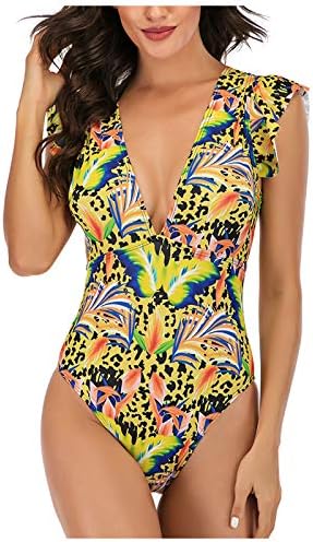 Women One-Piece Swimsuit Sexy Solid Short Sleeve Puff Sleeve Backless Beachwear Tummy Control Swimwear Bathing Suit (Yellow 1, M)