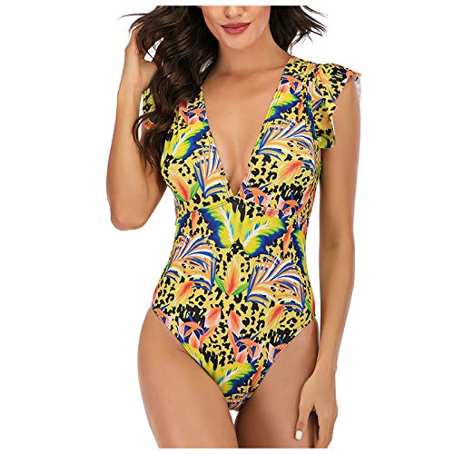 Women One-Piece Swimsuit Sexy Solid Short Sleeve Puff Sleeve Backless Beachwear Tummy Control Swimwear Bathing Suit (Yellow 1, M) #TOP2