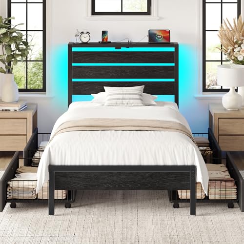 Rolanstar Twin Bed Frame with 4 Drawers, LED Lights and Charging Station, Metal Platform Bed with Storage Headboard, Noise Free, Easy Assembly, No Box Spring Needed, Black by Rolanstar - Used condition - US$102.59